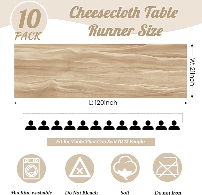 10 Pack Beige Cheesecloth Table Runner,10FT/120 Inch Boho Gauze Fabric Table Runner,Rustic Sheer Beige Cheese Cloth Runner Bulk for Wedding,Bridal Baby Shower,Birthday Party,Holiday Home Table Decor