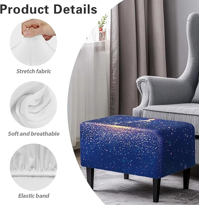 Blue Christmas Tree Ottoman Cover Rectangular Ultra Soft Stretch Ottoman Slipcover Easy Install Rectangle Storage Footstool Covers Furniture Protector for Living Room Decor Size L