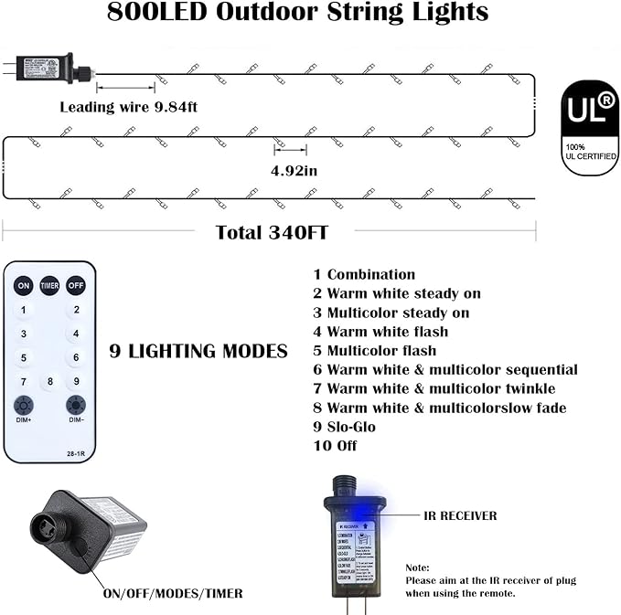 Christmas Lights Outdoor,800LED 330FT Color Changing String Lights,Warm White & Multocolor Lights 9 Modes Timer Waterproof for Indoor Outdoor Christmas Wedding Garden Yard Party Tree Decor