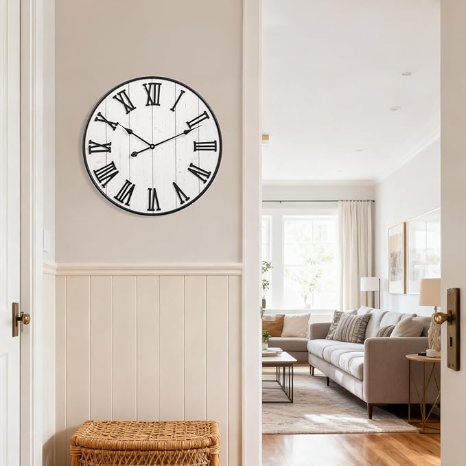 MODE HOME Large Rustic Wooden Wall Clock, 24 Inch Whitewashed Farmhouse Wall Clock with Carved Roman Numerals, Silent Battery Operated Round Vintage Clock for Living Room, Kitchen, Bedroom, Study Room