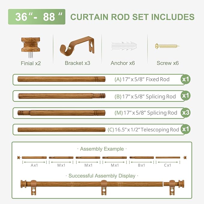 Sturdy Durable Curtain Rod:Faux Wood Curtain Rods for Windows 36-88",Adjustable Heavy Duty Curtains Rod for Bedroom/Kitchen/Apartment/Door,Small Decorative Farmhouse Boho Drapery Rods,All-Metal