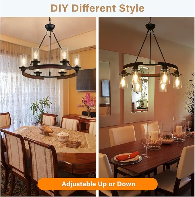 28-Inch Wagon Wheel Chandelier Farmhouse Black Rustic Pendant Light Fixture,6-Light Wood Round Chandelier Hanging Pendant Ligh for Dining Room Kitchen Island Living Room,with Clear Glass Shade