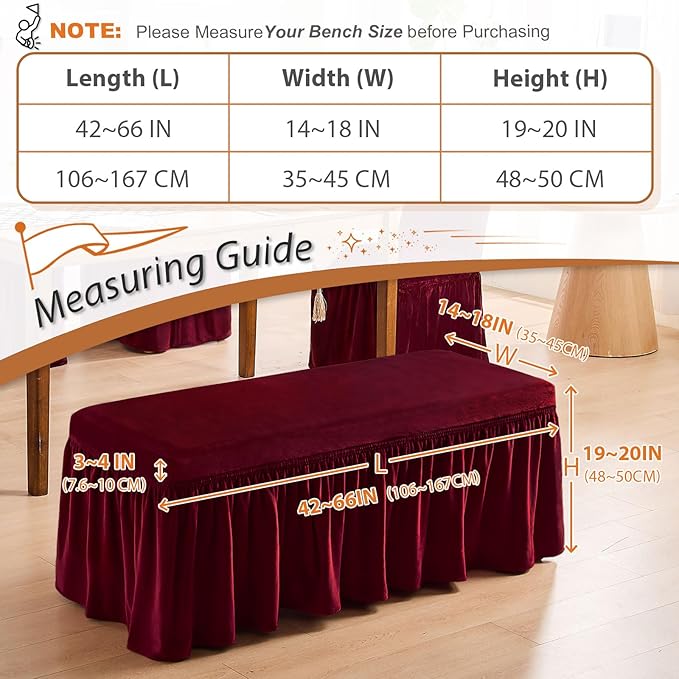 NICEEC Spandex Stretch Dining Bench Cover with Skirt Removable Bench Slipcover Rectangle Washable Bench Cushion Covers for Dining Room Living Room Bedroom Kitchen(Red)