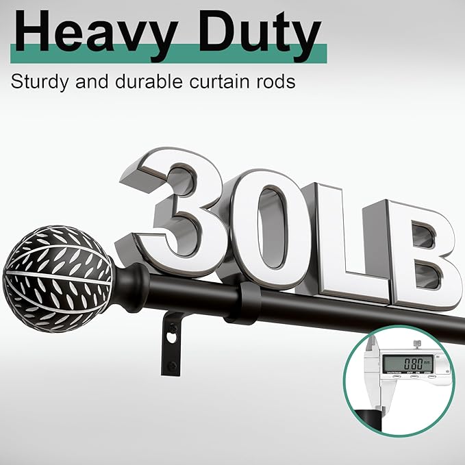 Black Curtain Rods for Windows 48 to 84 Inch,1'' Diameter Drapery Rods with Leaf Pattern Finials,Decorative Adjustable Heavy Duty Curtain Rods Set,36-88''