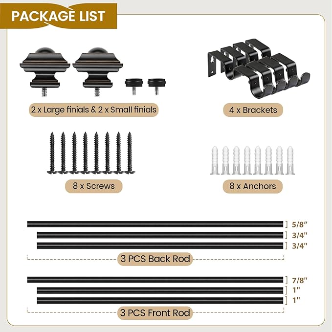KAMANINA 1 Inch Double Curtain Rod 72 to 144 Inches (6-12 Feet) Telescoping Black Curtain Rods for Windows 69 to 140 Inches, Heavy Duty Drapery Rods with Square Finials