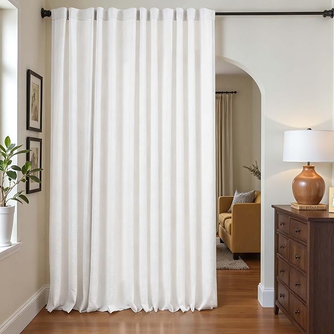 jinchan White Lined Linen Blend Curtain for Sliding Door 96 Inch Length 1 Panel for Living Room, 100 Inch Extra Wide Drape with Rod Pocket Back Tab(100W x 96L, White)
