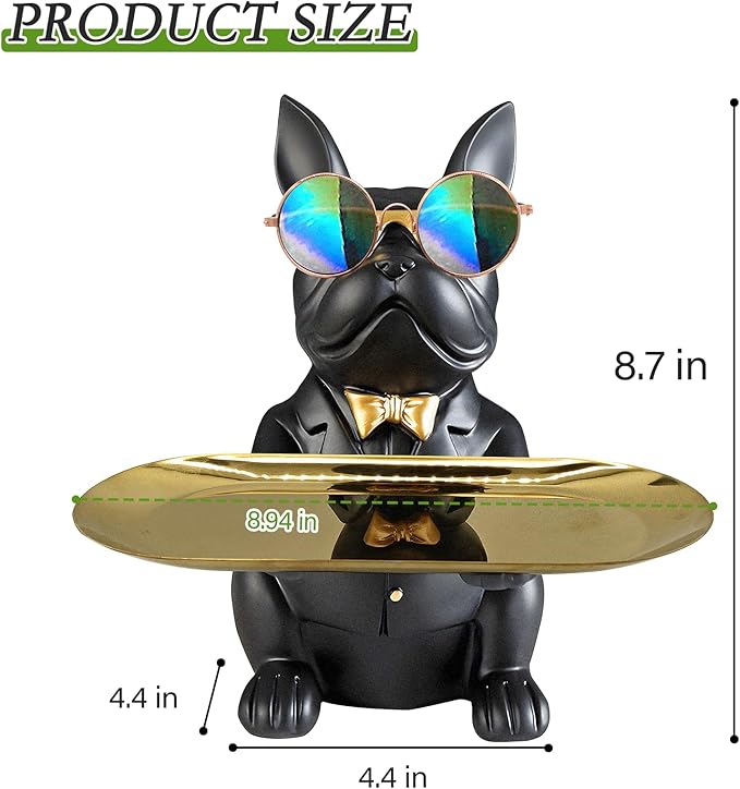 Bulldog Tray Statue, Sitting Bulldog Candy Dish Key Holder Bowl, Bulldog Accessories, Resin Statues for Office Desk Home Decor Figurines Entryway Table Decor (Black)