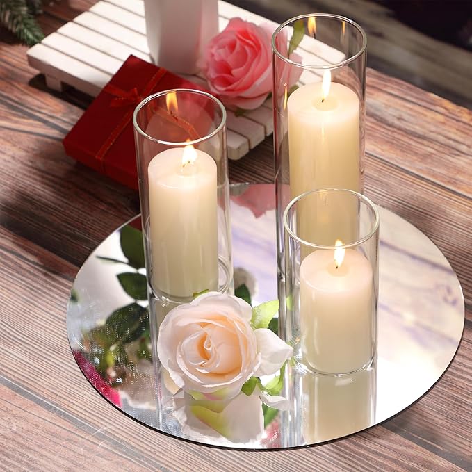 Shihanee Set of 6 Pillar Candles with Glass Cylinder Vases Clear Cylinder Hurricane Candleholders for Slim Tall Pillar Candles Wedding Thanksgiving Day Centerpieces(2.6'' X 4.7'', 5.9'', 7.9'',Ivory)