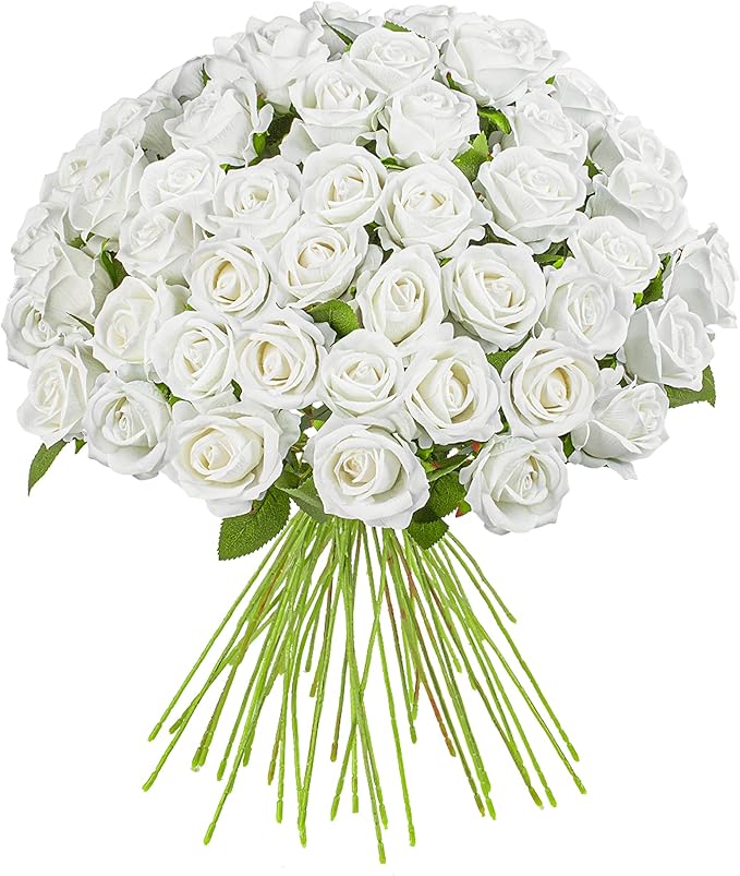 Artificial Flowers Roses Touch Fake Rose Bouquet Flower Stem for Wedding Centerpieces DIY Wreath Home Decorations Silk Roses Mothers Party Fake Outdoor Flowers Decor 19.6"(50PCS White)