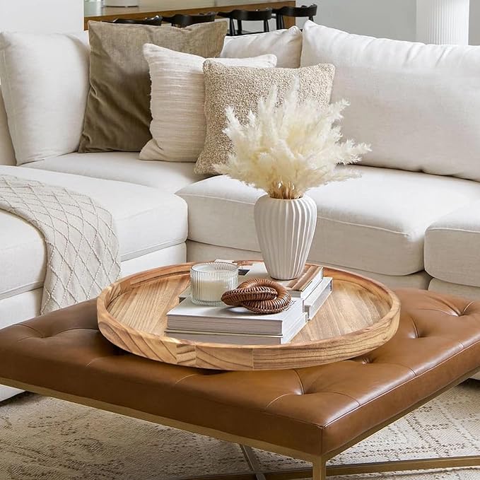 Round Wood Ottoman Serving Tray 24" - Rustic Wooden Table Tray for Farmhouse Decorative Oversized Coffee Table Trays Living Room Kitchen Counter Breakfast Nature