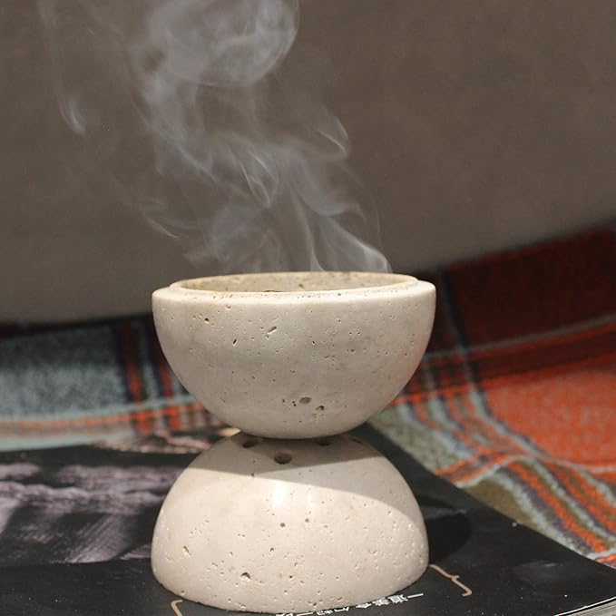 Natural Travertine Round Incense Cone Holder, Minimalist Sphere Incense Burner for Cones, Home Decorations 3.94in (Gray)