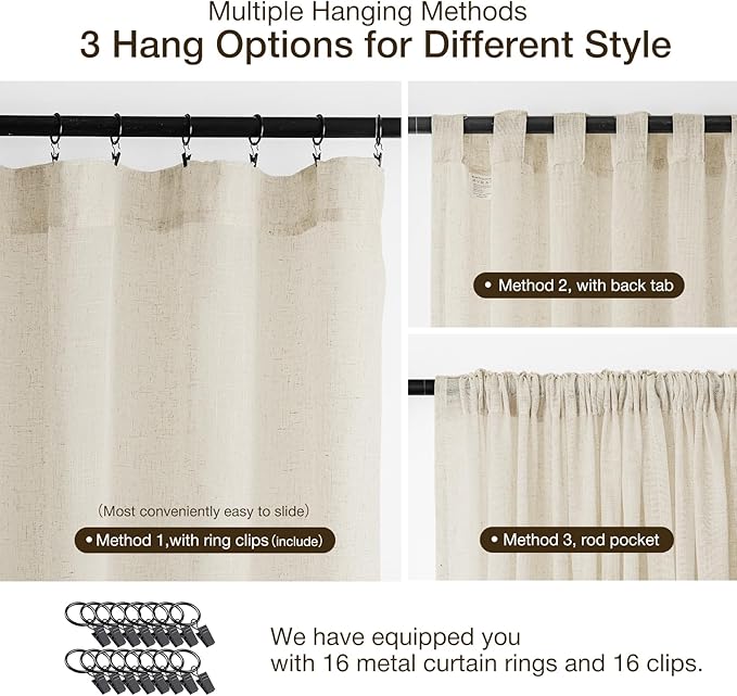Anmao Natural Linen Curtains for Living Room 120 Inch Length 2 Panels Set, Light Filtering Semi Sheer Window Curtain Drapes for Bedroom with Curtain Rings and Clips, 52W x 120L, Ecru
