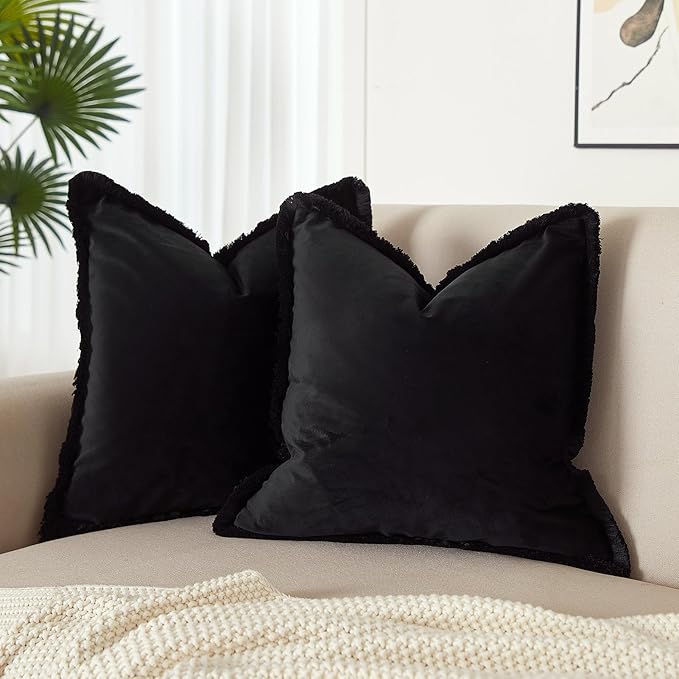 JUSPURBET Black Velvet Throw Pillow Covers 24x24 Inch Set of 2 with Soft Tassel Fringe Luxury Boho Pillowcase for Sofa Couch Bed Home Decor Machine Washable