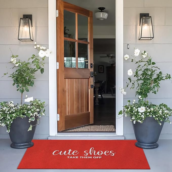 Entryway Cute Shoes Take Them Off Outdoor Mat With Rubber Backing - Indoor Outdoor Doormat for Home Entrance - Non Slip Natural 18x47 Inch Red