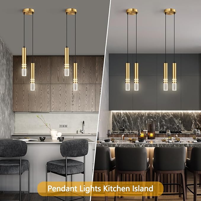 Pendant Lights Kitchen Island, Crystal Pendant Light Fixtures Mini 12W LED Modern Kitchen Pendant Lighting Over Sink and Living Room and Bedroom (Gold 2 Light)
