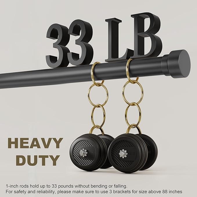 PORTRES Black Heavy Duty Curtain Rods for Windows 66 to 120 Inches Adjustable Length 1" Diameter Curtain Rod with Modern Decorative Finials for Outdoor Farmhouse Bedroom Kitchen Living Room