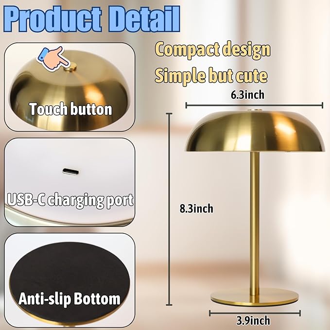 Portable LED Mushroom Table Lamp, Cordless Desk Night Light with 5200mAh Rechargeable Battery, Stepless Dimming Small Lamp with 3 Colors and Brightness Control for Bedroom/Patio/Bar/Coffee shop (Gold)