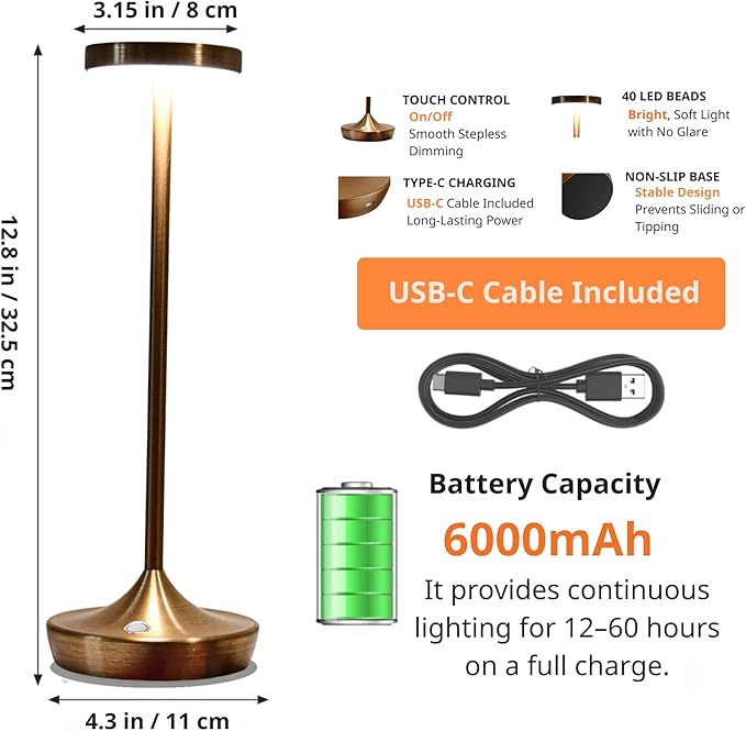 Cordless Table Lamp Rechargeable - 6000mAh LED Battery Operated Table Light - Portable Touch Dimmable Outdoor Waterproof Table Lamps for Patio Restaurant Dining (2 Bronze)