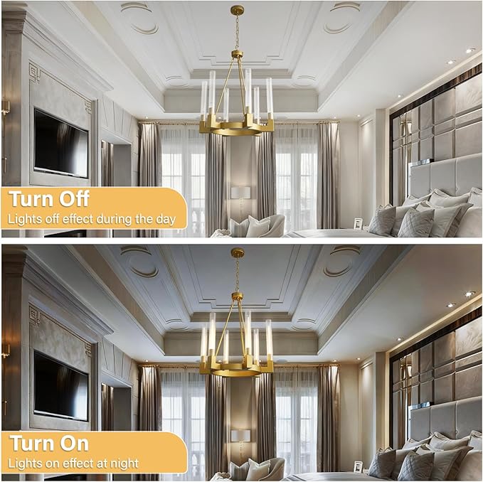 Gold Farmhouse Wagon Wheel Chandelier with Glass Tube, 23.6 Inch Large Round 6-Light Luxurious Chandelier Fixture Ceiling Pendant Lighting for Living Room, Dining Room, Bedroom, Foyer