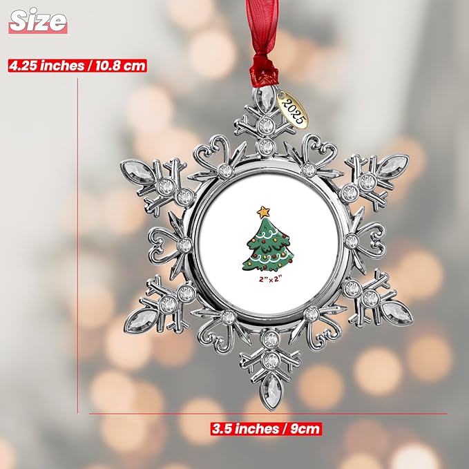 2025 Snowflake Picture Frame Christmas Ornaments 2" Metal Hanging Pendant for Tree Small Decorative Keepsake, Display Photo for Baby and Pet (Silver (2025))
