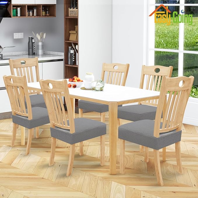 Easy-Going 100% Waterproof Seat Covers for Dining Room Chairs, Stretch Jacquard Chair Seat Slipcovers Removable and Washable Kitchen Dining Chair Covers (Set of 6, Light Gray)