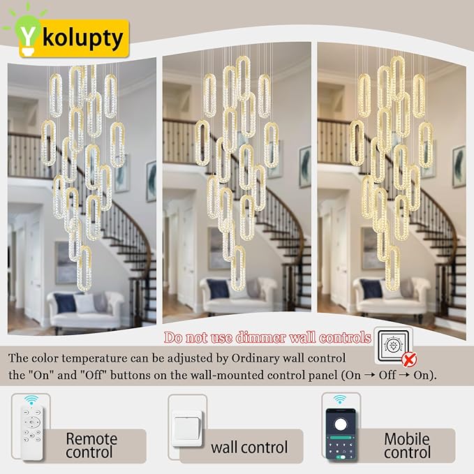 H138 Large Chandelier for High Ceiling,Modern 16-Rings Crystal Chandeliers for Entryway,Gold Pendant Light for Living Room,Foyer,Entryway LED Dimmable Staircase Chandelier