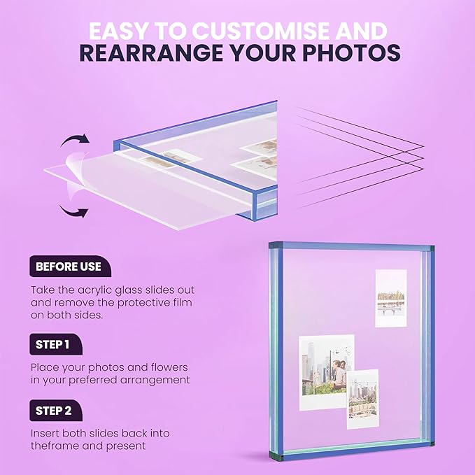 Elil 5x7 Acrylic Picture Frame – Blue Floating Polaroid Fujifilm Instax Display 8.3" x 7.6" Holds 5x7 Photo or 6 Mini or Go Print Double-Sided Collage for Desk Wedding Anniversary Graduation