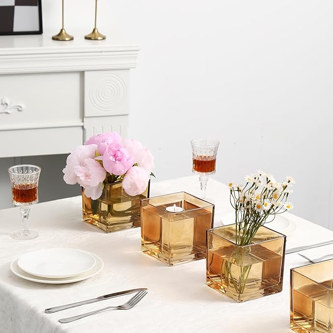 Square Amber Glass Vases Set of 6, 5" x 5" x 5" Flower Vases for Centerpieces, Square Vase for Centerpieces, Small Vase for Wedding, Party, Home Office Decoration