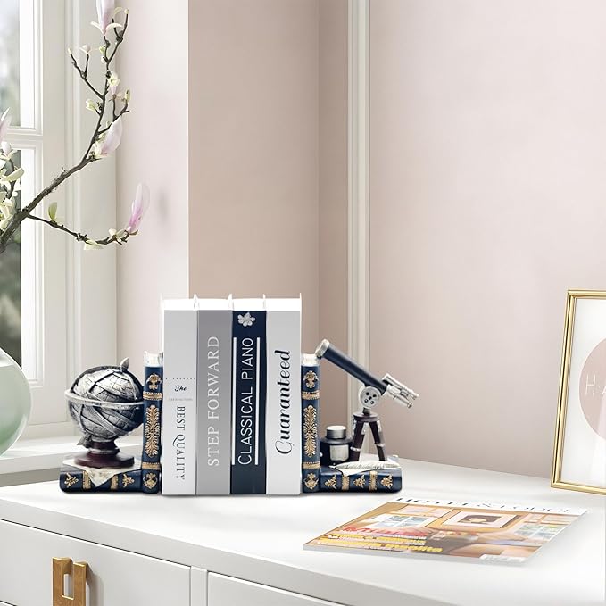 Vintage Decorative Bookends,Telescope and Armillary Spheres Space Decorative Bookends,Book Ends for Shelves for Study Room Bookstore Office Vintage Decor