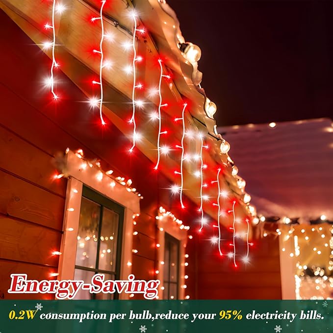 XURISEN 66ft Christmas Lights Decorations Outdoor, 640 LED 8 Modes Curtain Fairy Lights with 120 Drops,Plug in Waterproof Timer Memory Function for Christmas Holiday Wedding Party Decor(Red+White)