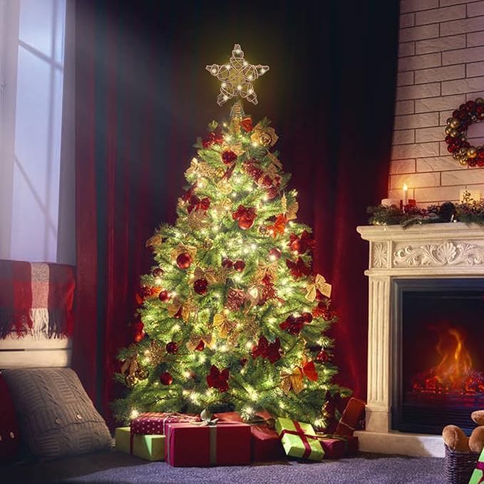 LAWOHO Christmas Tree Topper Star, 10-inch Rustic Brown Rattan Natural with 10 Warm White Lights Three Functions with Timer, Seasonal Decoration for Festive Christmas Home Indoor Ornament