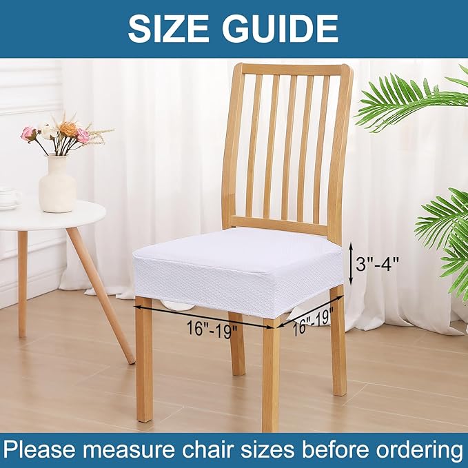 Smiry Waterproof Seat Covers for Dining Room Chairs Set of 4, Stretch Jacquard Removable Washable Chair Seat Slipcovers Protector, No Rear Covers, White