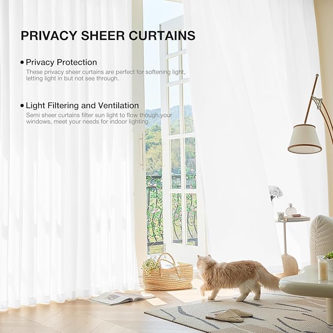 Anmao Non-See-Through Bright White Privacy Semi Sheer Curtains for Living Room 72 Inch Length 2 Panels Set, Light Filtering That Let Light in Rod Pocket Window Drapes for Bedroom, 40Wx72L, Pure White