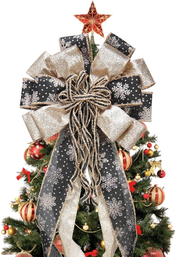 Christmas Tree Topper Bow, 43" Christmas Wreath Bows Black and Gold Ribbon Ornaments with Tassels Snowflakes and Glitter, Home Decor for Holiday Xmas Decoration Home Parties Wedding Gift
