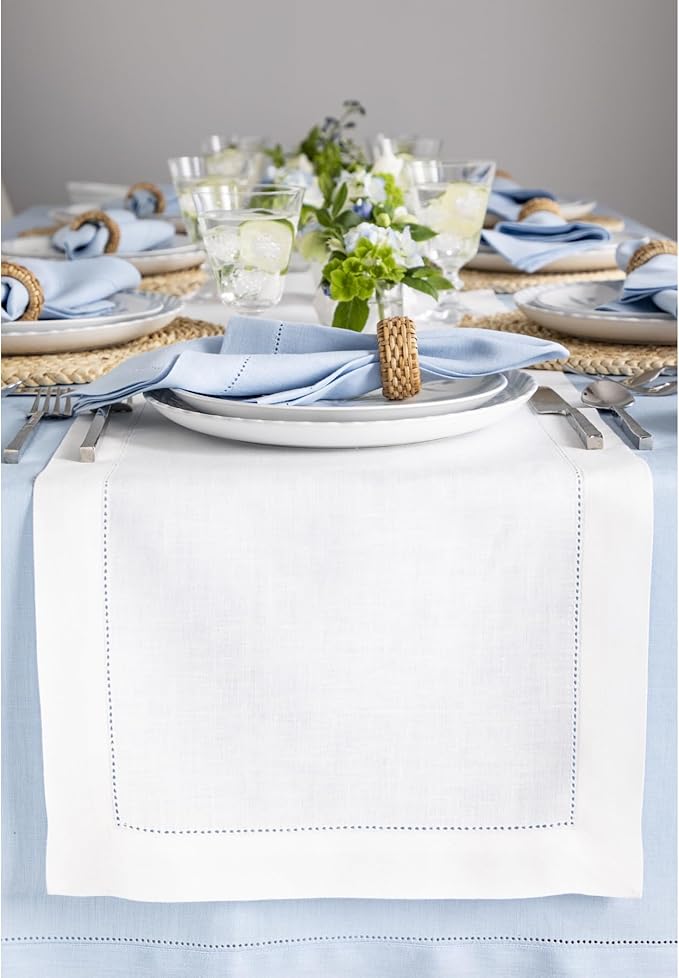 Solino Home Linen Table Runner 90 Inches Long - Classic Hemstitch 100% Pure Linen White Dining Table Runner 14 x 90 Inch for Valentines, Spring, Easter