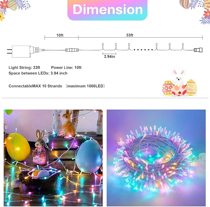 JMEXSUSS 2 Pack 100 LED Easter String Lights Indoor Outdoor, 33ft Multicolor Easter Lights Plug in, 8 Modes Connectable Colorful Christmas String Lights for Easter Bedroom Party Decorations