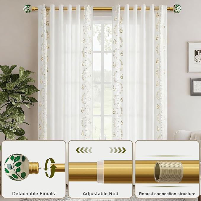 Ceramic Curtain Rods Gold Set of 2 for Windows 28 to 48 Inches Adjustable Length Duty 1" Diameter Window Curtain Rod with Modern Green Leaf Pattern Decorative Finials for Bedroom Living Room Kitchen