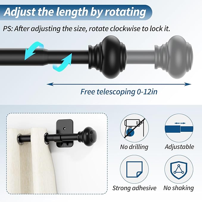 Black Curtain Rod for Windows 30 to 60 Inches,5/8 Inch Diameter Small Curtain Rods Set with Adhesive Brackets,Renter Friendly Adjustable Curtain Rods for Bedroom,Living room