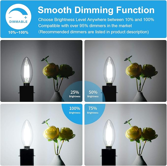 Dimmable E12 LED Candelabra Bulbs 60W Equivalent, 5000K Daylight White, 600 Lumens B11 Candle Base 6W C35 LED Filament Vintage Light Bulbs, Clear Glass for Chandelier Ceiling Fan High CRI 90+, 6-Pack