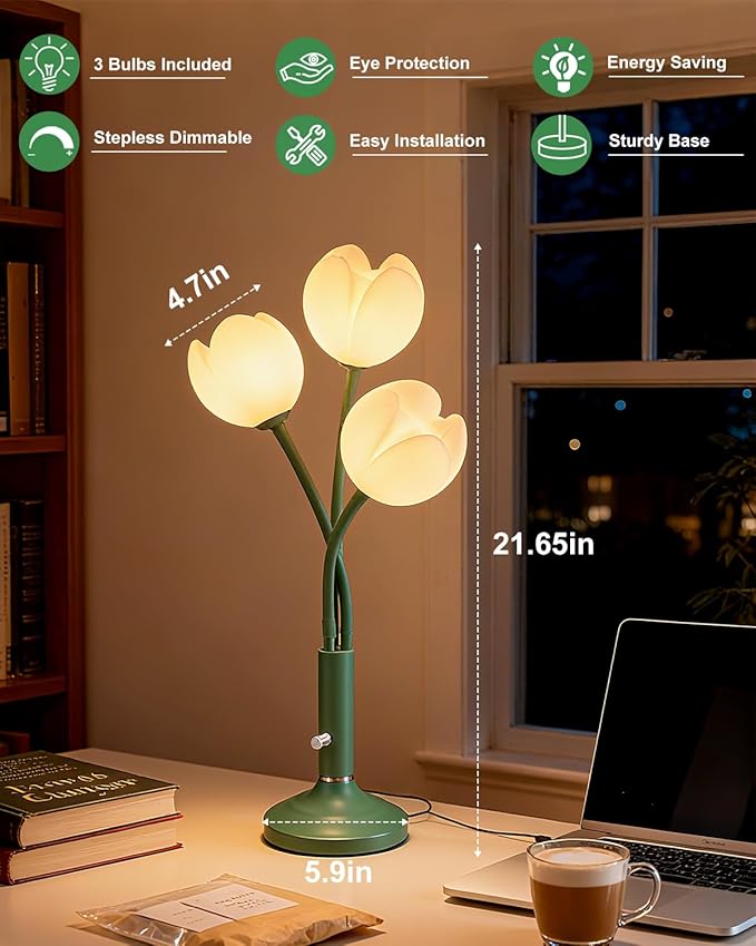 Lightdot Vintage Flower Table Lamp, Green Small Cute Bedside Lamp with Adjustable Gooseneck& Bulbs, 3000K Warm Light Dimmable Desk Lamps Nightstand Light for Bedroom Living Room