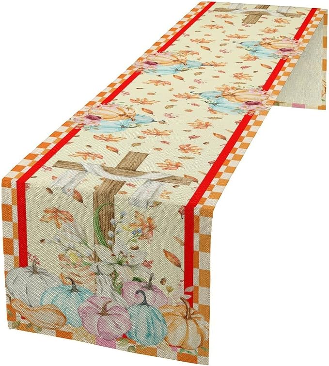 Watercolor Pumpkin Table Runner Fall Flowers Falling Leaves Cross Harvest Season Thanksgiving Rustic Home Decor for Farmhouse Indoor Outdoor Party Holiday Dining Kitchen Restaurant Cafe W13xL60in