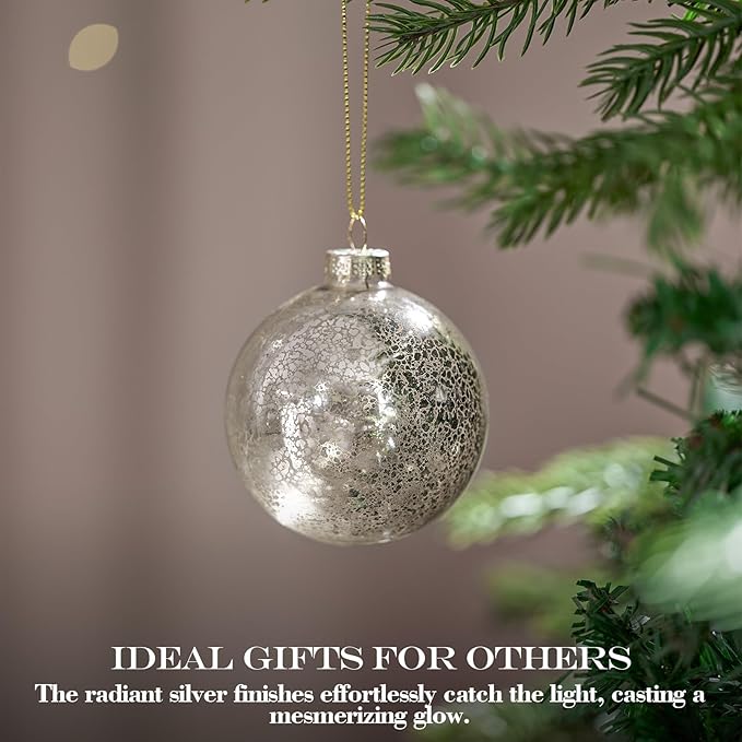 Christmas Ball Ornaments Set of 12pcs-3.15” Silver Mercury Glass Xmas Hanging Ball Decorations for Christmas Tree, Elegant Shiny Xmas Ornaments for New Year Thanksgiving Birthdays Holiday Party