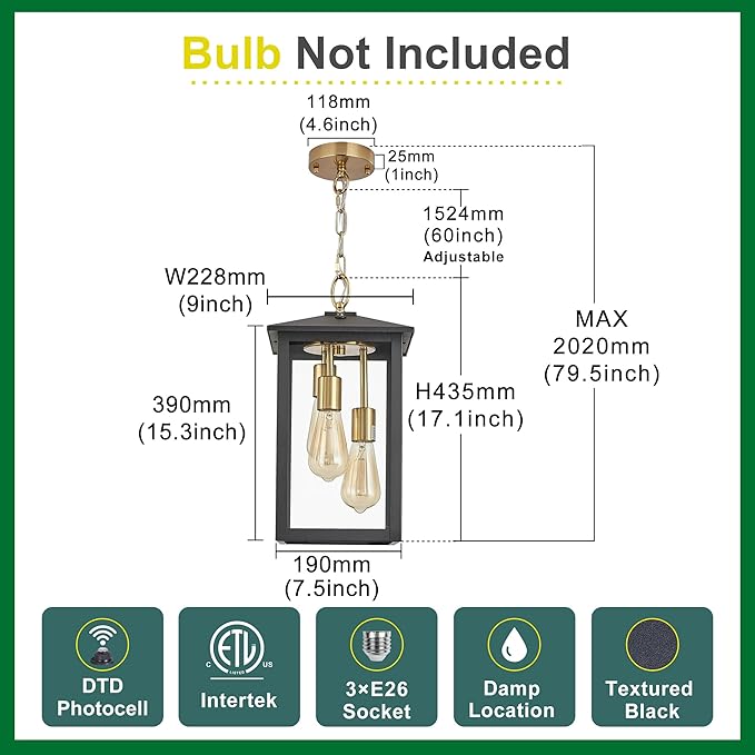 17IN Large Dusk to Dawn Outdoor Pendant Light 3-Light, Modern Black Metal Outside Chandelier Exterior Hanging Fixture Ceiling Mount with Clear Glass for Front Porch Entrance Entryway
