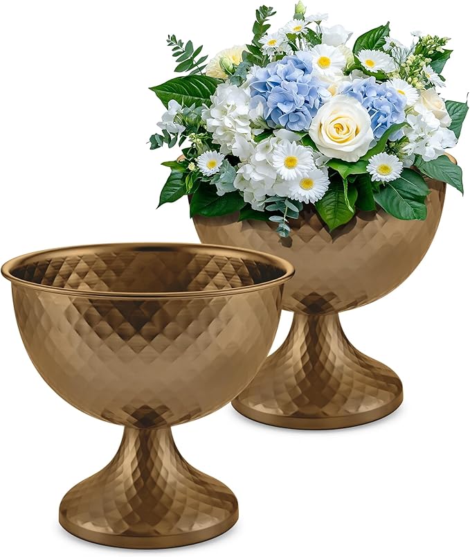 8.25'' Wide 7.3''High Decorative Bowl Vase Set of 2,Distressed Gold Metal Compote Bowl for Tables，Urn Vases for Vintage Wedding Centerpieces,Elegant Compote Vases,Pedistal Vase for Any Event