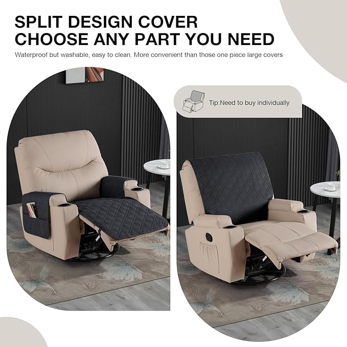 VANSOFY Recliner Chair Covers 100% Waterproof Seat Cover with Arm Reclining Cover Non-Slip Recliner Chair Covers Furniture Protector Washable Slipcover with Pocket for Pets, Dogs(Black, 22")