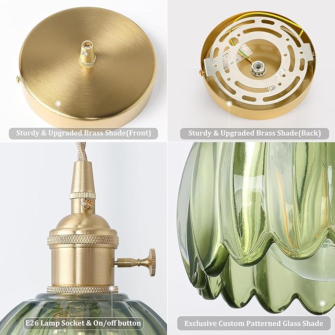 Pendant Light 2 Pack with Green Tulip Glass Lmapshade, Brass Vintage Pendant Light Adjustable Hanging Light for Kitchen Island Dining Room Hallway