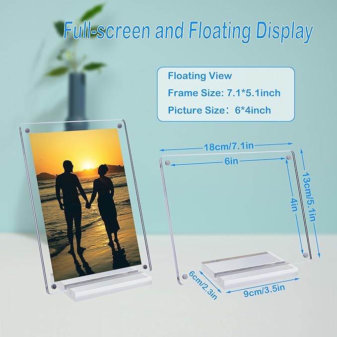 Acrylic Picture Frame 6x4 Inch Picture Floating Display Clear Magnetic Acrylic Frame Double Sided Photo Frame for Desktop Stand (Clear (1 Pack, 4X6)
