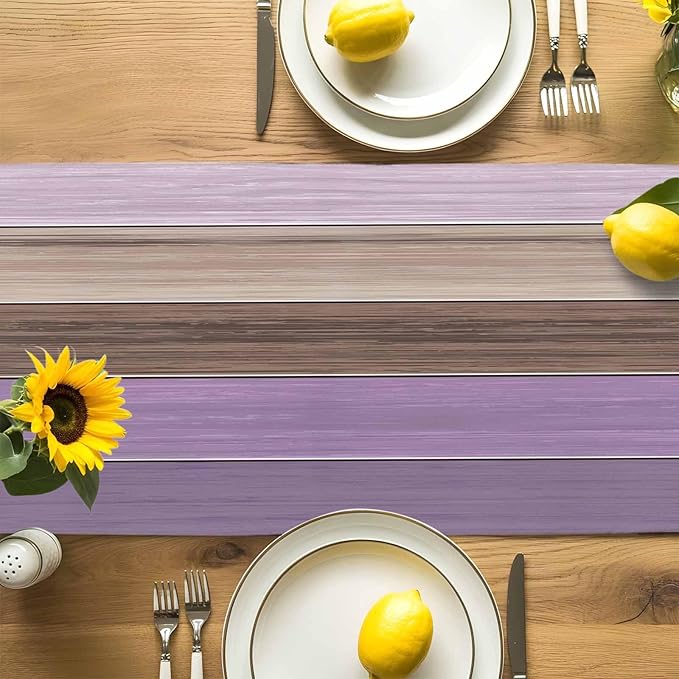 Farmhouse Cotton Linen Table Runner Dresser Scarf Retro Rustic Barn Wood Texture Ombre Lavender Purple Brown Non-Slip Rectangle Settings Decoration for Kitchen Home Dining Holiday,72 inches Long