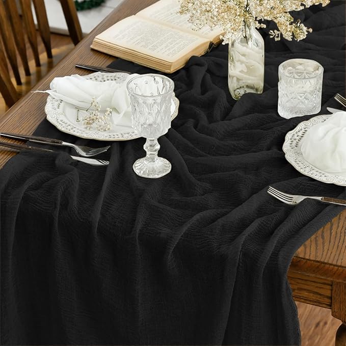 Artoid Mode Boho Cheesecloth Gauze Black Wedding Table Runner, 120 Inch Seasonal Fabric Kitchen Dining Holiday Table Decor for Home Party Indoor