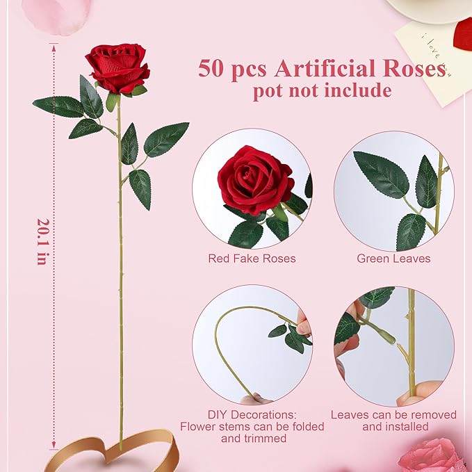 HyeFlora 50 PCS Red Roses Artificial Flowers, Fake Roses with Stems Realistic Silk Roses for DIY Wedding Bouquets Tables Centerpieces Arrangements Party Baby Shower Birthday Home Decor Gift for Her